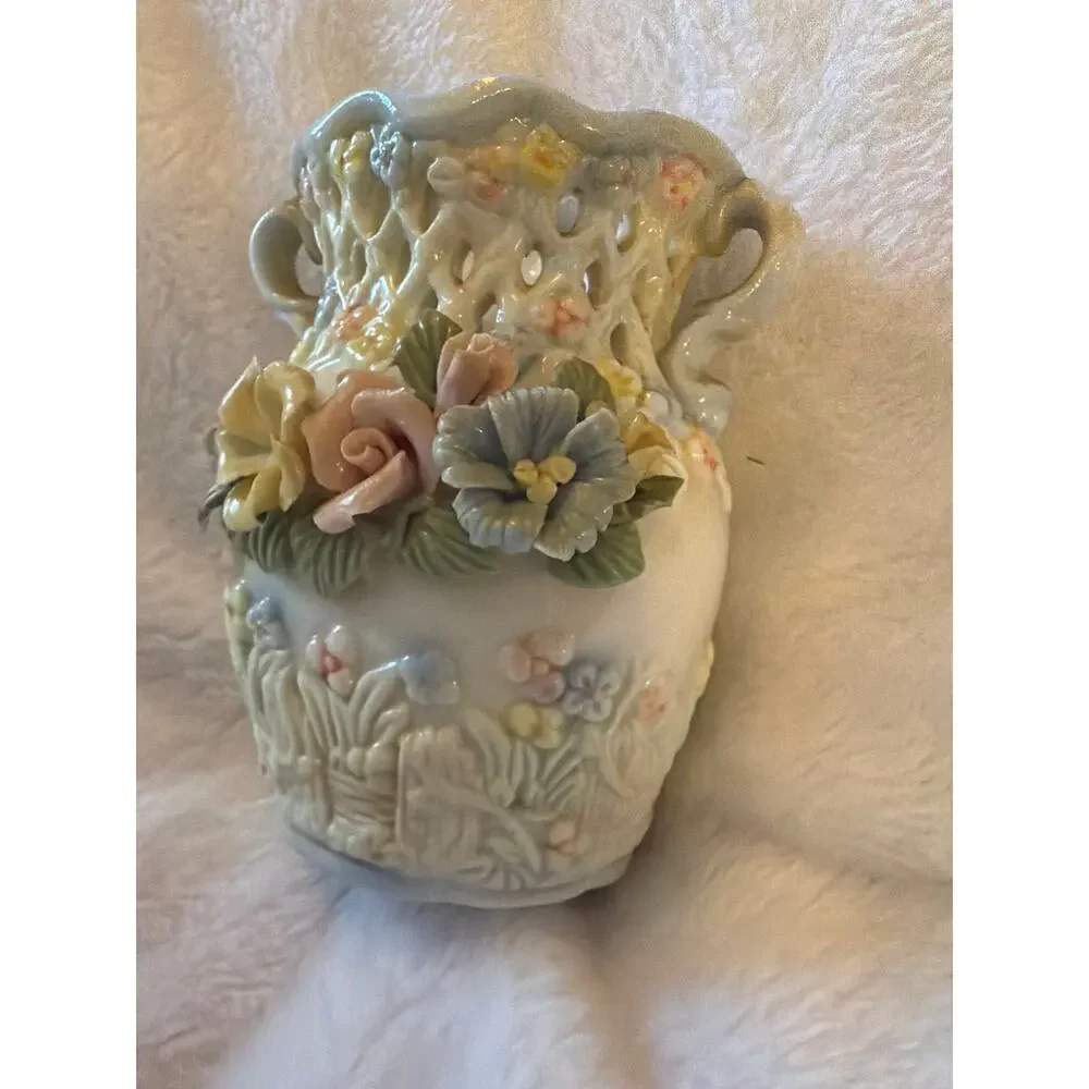 Vintage Porcelain Floral Vase Openwork Lattice Double Handle Pastel Flowers